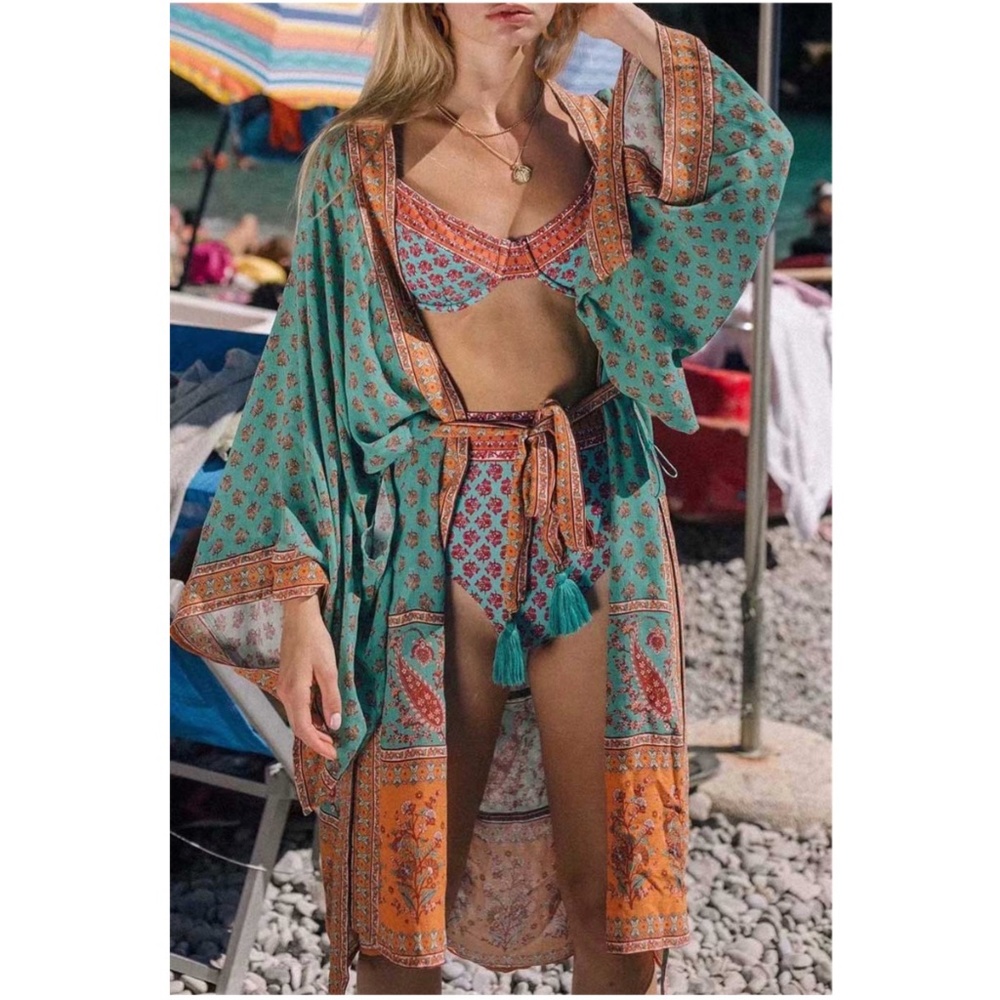 Red boho  Floral print Kimono Beach Cover Belted - Picture 2 of 14
